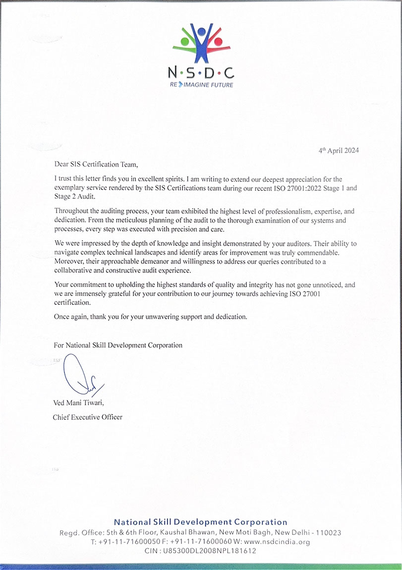 Appreciation letter from Ved Mani Tiwari, N.S.D.C