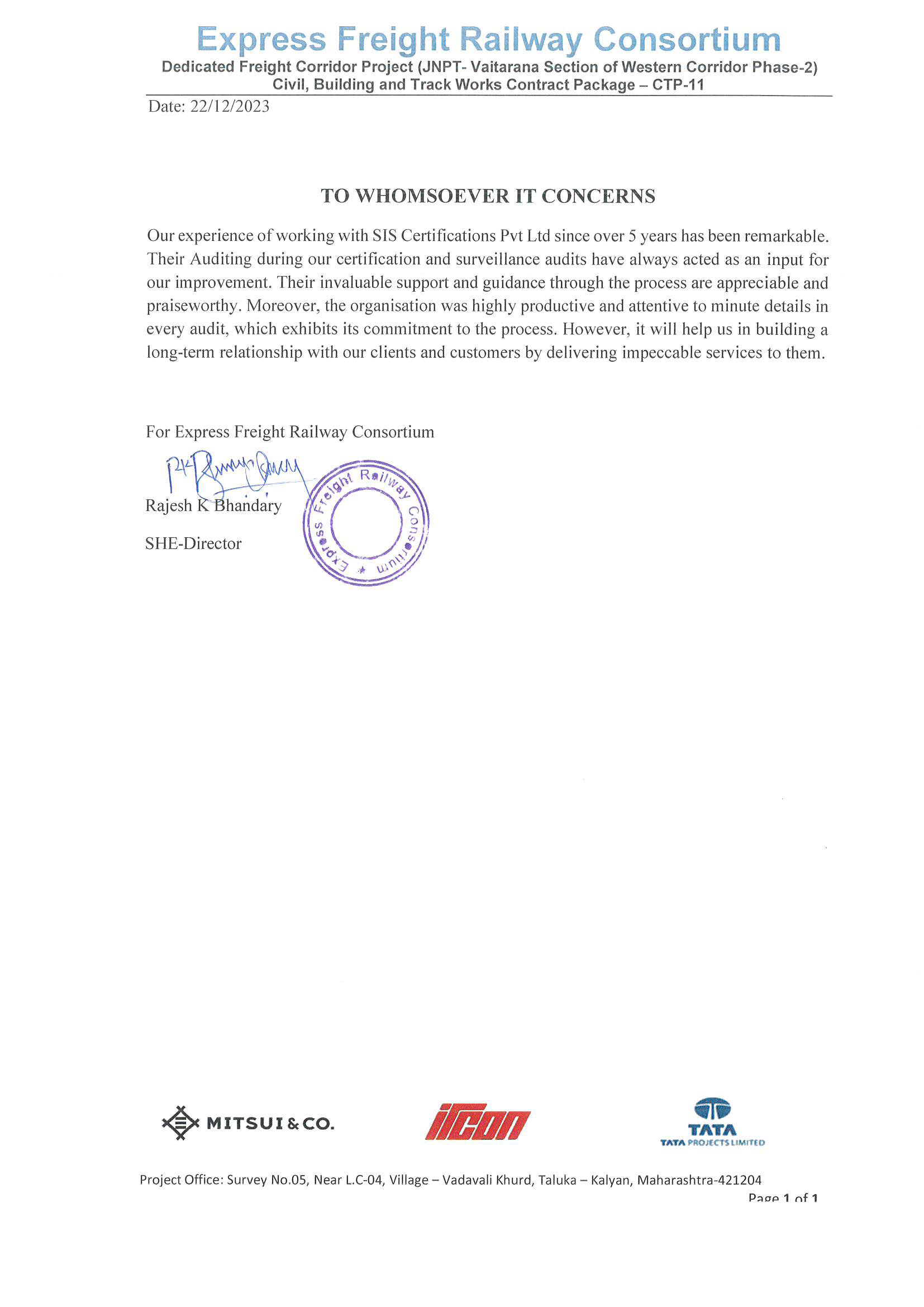 Appreciation letter from Rajesh K Bhandary, Express Freight Railway Consortium