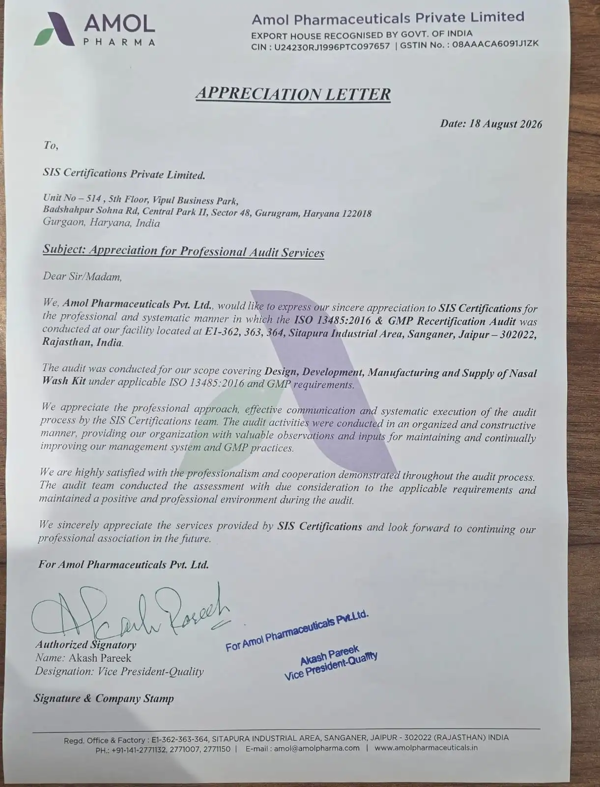 Appreciation letter from Akash Pareek, Amol Pharmaceuticals Pvt Ltd