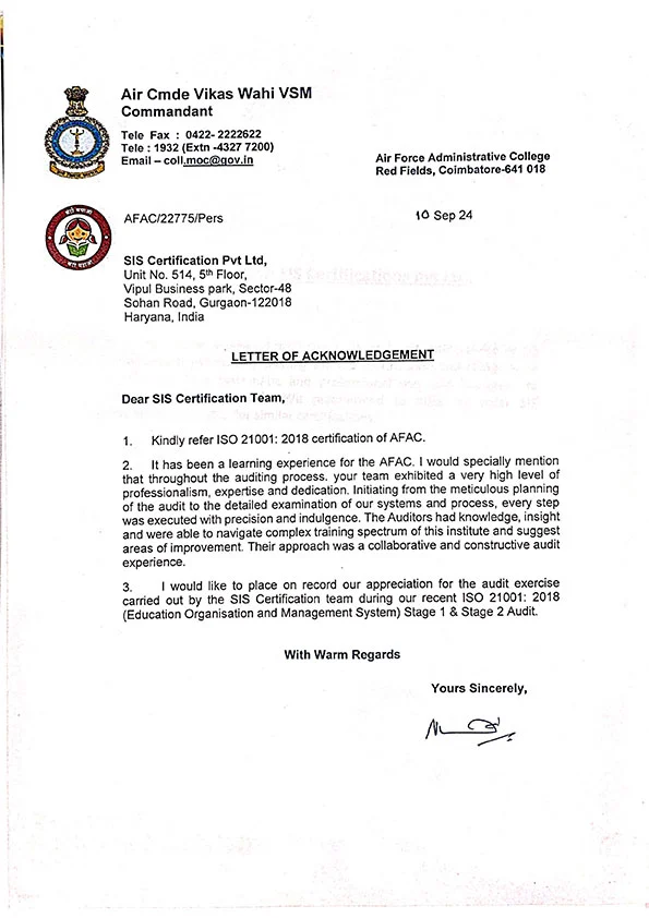Appreciation letter from Air Cmde Vikas Wahi, Air Force Administrative College (Indian Air Force)