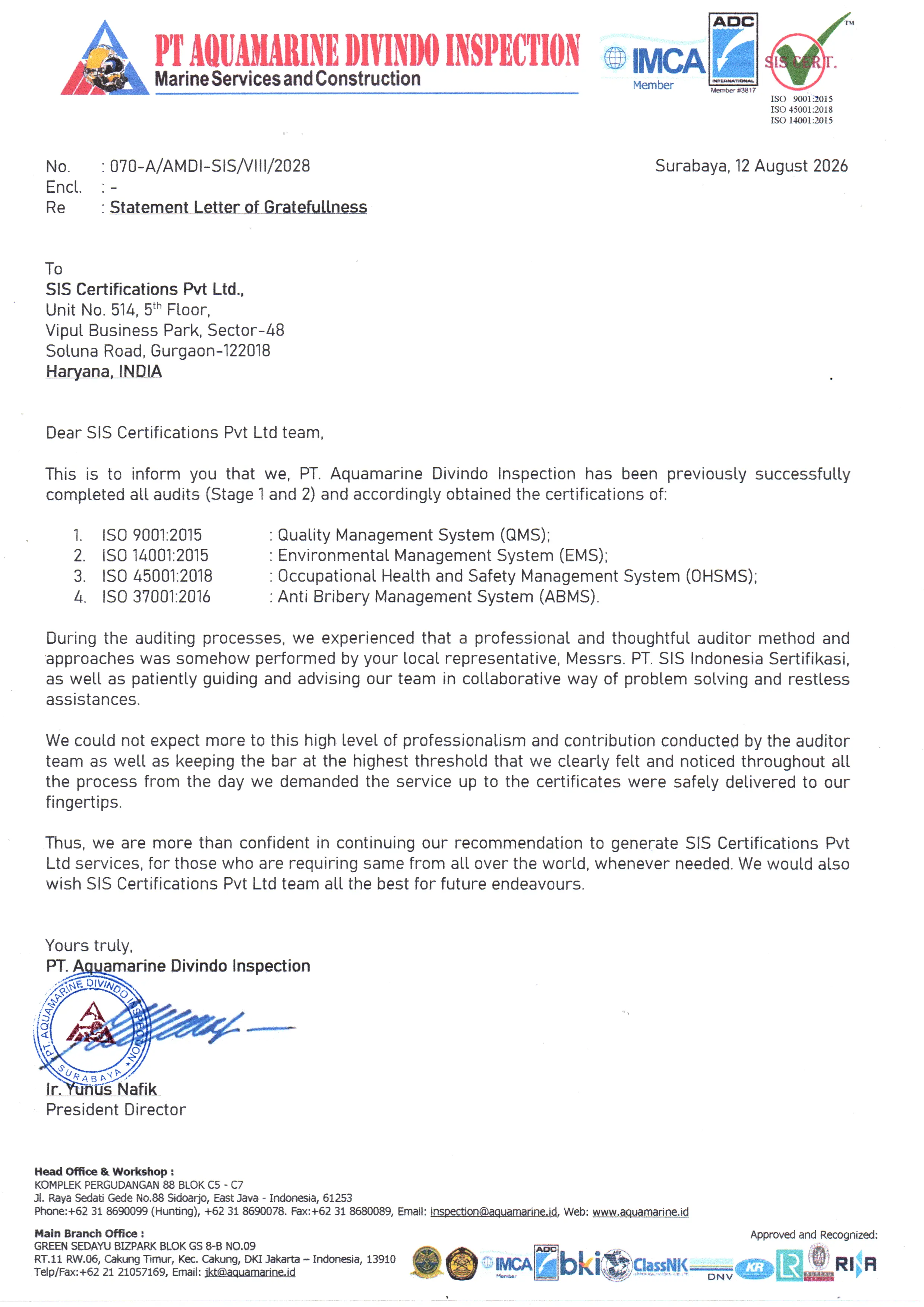 Appreciation letter from Ir. Yunus Nafik, PT AQUAMARINE DIVINDO INSPECTION IMCA