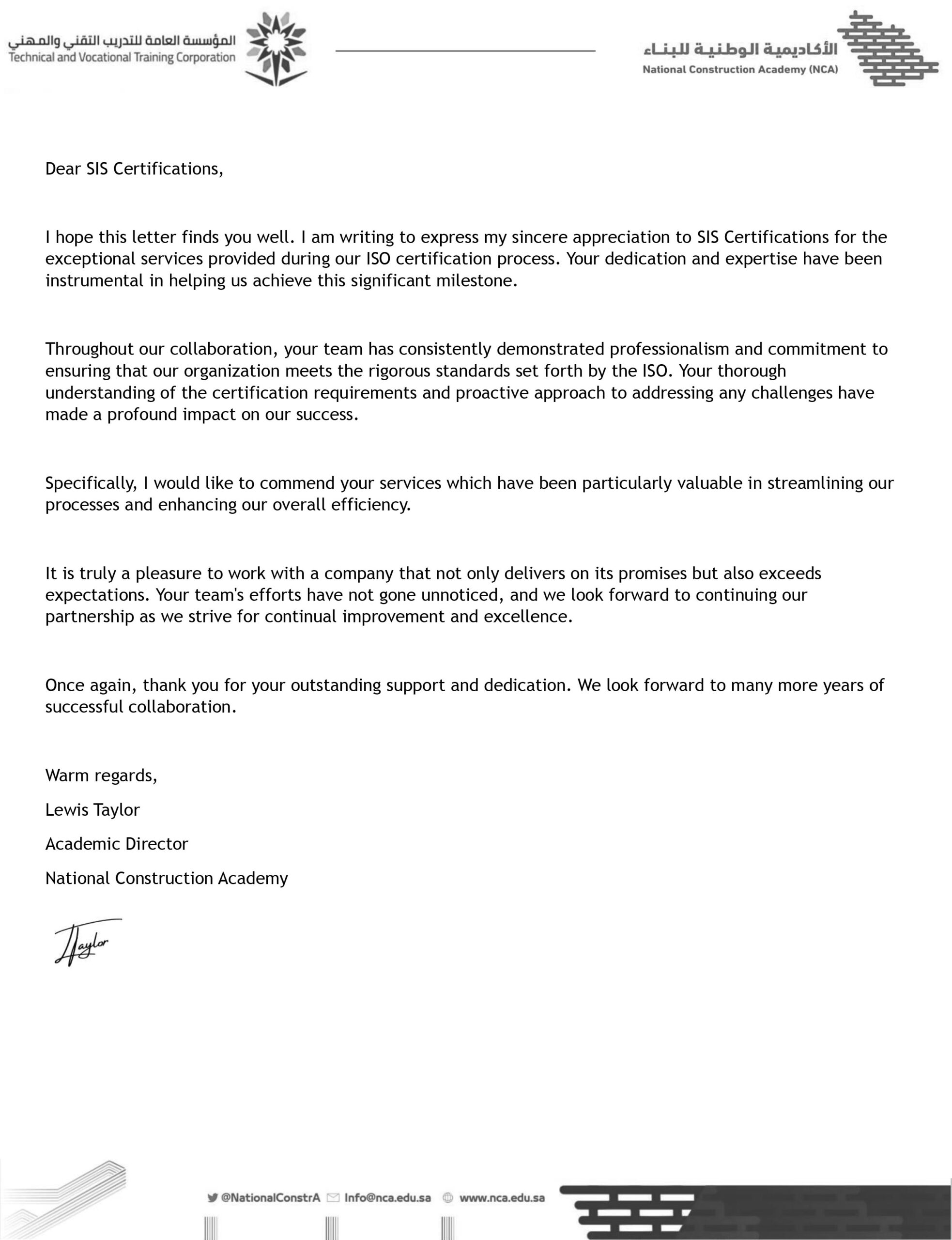 Appreciation letter from Lewis Taylor, National Construction Academy